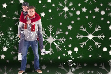 Composite image of man giving girlfriend piggy back