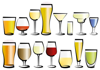 Vector illustration set of glasses, as you can find in a bar or a restaurant. Any kind, for any use, for water, soft drinks, alcohol and liquor