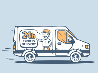 Vector illustration of van express delivering to customer on blu