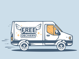 Vector illustration of van free and fast delivering goods to cus