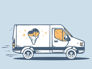 Vector illustration of van free and fast delivering photo ice cr