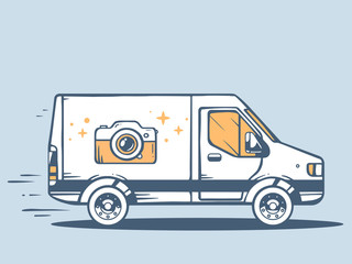 Vector illustration of van free and fast delivering photo camera