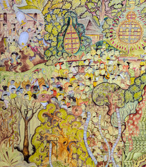 Thai mural painting art of Lanna Buddhist festival