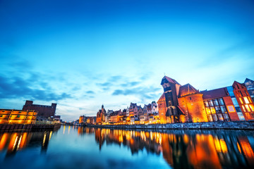 Fototapeta na wymiar Gdansk, Poland old town, Motlawa river. Famous Zuraw crane