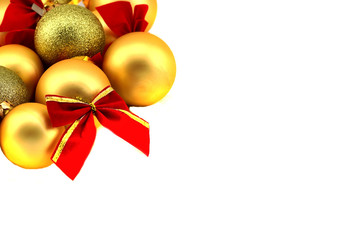 Fototapeta na wymiar Christmas border with golden baubles on a white background