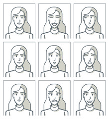 Facial expressions of a young woman. Simple line