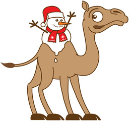 Christmas snowman melting on the back of a camel