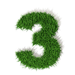 3 tre numero 3d erba verde, isolato su sfondo bianco