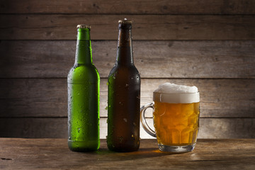Beer on a wooden background with copy space