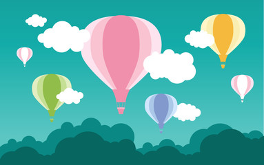 Balloon fly to the sky in many color background