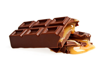 Chocolate bar with caramel isolated on white background