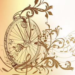 Music background with bike wheel, notes and swirls in vintage st