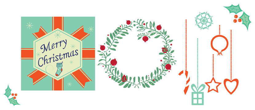 Set of Christmas illustrations, symbols, icons, vector