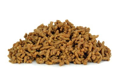 A portion of cooked minced meat on a white background