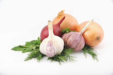 composition of vegetables on a white background: onion, garlic, © aerodim