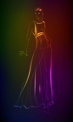 Hand-drawn fashion model from a neon. A light girl's