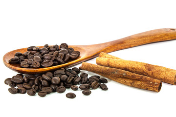 Coffee and brown wood spoon with white background for cafe