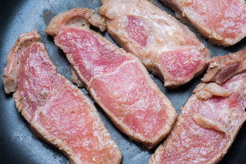 Raw sliced pork grill on the pan