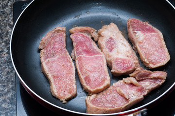 Raw sliced pork grill on the pan