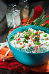 Bowl with fresh cottage cheese with green onion and red peppers