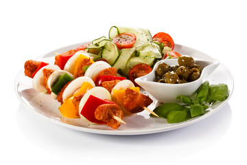 Barbecued meat and vegetables