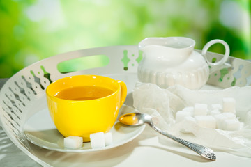 cup of tea with sugar cubes on a tray