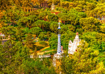 strange houses at the famous park Guell at Barcelona in Spain..