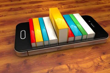 smartphone with books isolated on white. E-book library concept