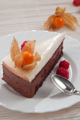 Chocolate cake with raspberry and tropical fruit