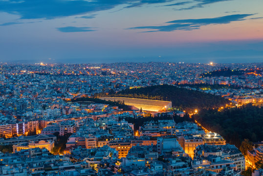Athens with the old olympic stadium at dawn