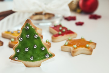 Christmas handmade cookies tree on white background