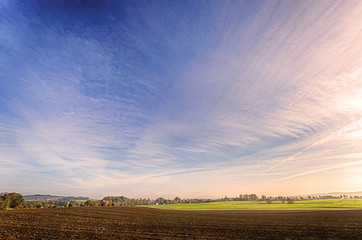 Obraz premium landscape with field, meadow and blue sky in autumn