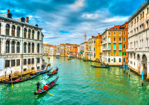 Traffic from Gondolas at Main Canal of Venice Italy. HDR