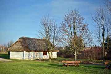 Stary drewniany dom kryty strzechą