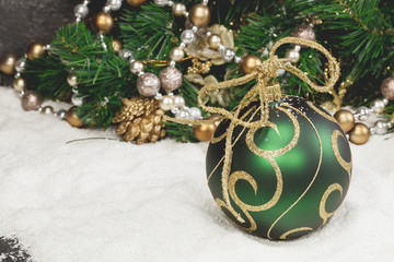 Christmas decoration. Green Christmas Ball  and Christmas Tree.