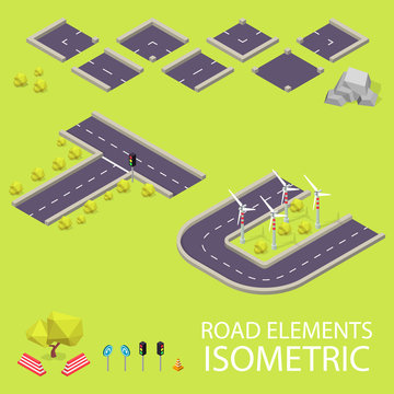 Road elements isometric. Road font. Letters T and U