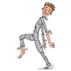 Halloween mummy dressed teen boy funny walking.