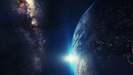 blauer Sonnenaufgang, Blick auf die Erde aus dem Weltraum mit Milchstraße