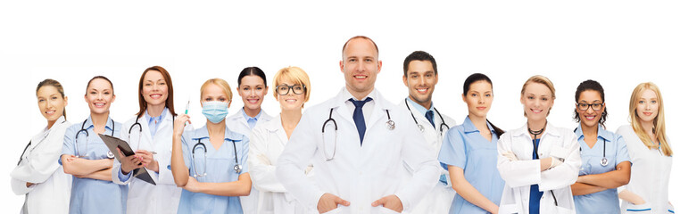 group of smiling doctors with clipboard