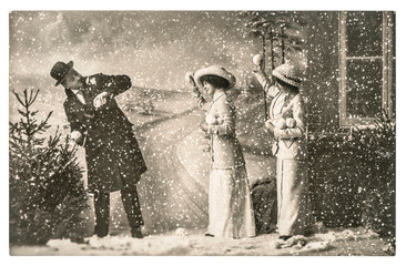 happy young people playing in snow. vintage christmas holidays p