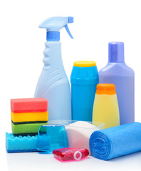 Cleaning supplies, sponges, cleaning powder and  garbage bags