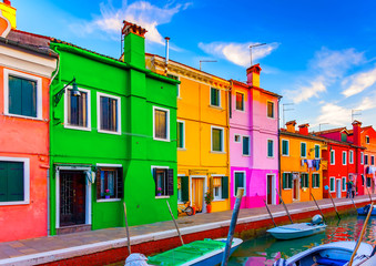 colorful houses in a raw at Burano island near Venice Italy