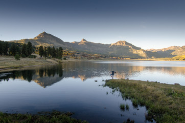 mountain lake view in sunset, colorado 