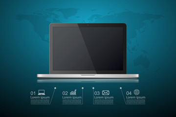 Infographic design with realistic 3d laptop computer with map.