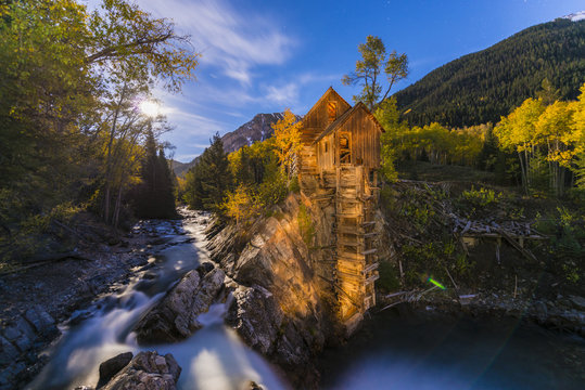 Moon rise over the Crystal Mill Colorado Landscape