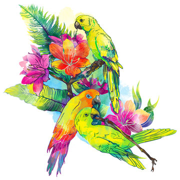 yellow parrots and exotic flowers