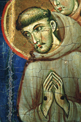 Franziskus auf Tafelbild der hl. Klara in Santa Chiara, Assisi, Umbrien, Italien - obrazy, fototapety, plakaty