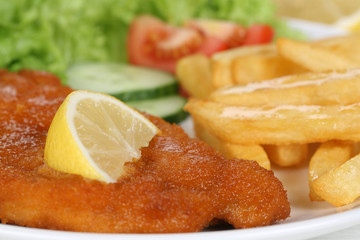 Paniertes Wiener Schnitzel Gericht mit Pommes und Salat auf Tell