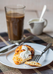 cheese pancakes with sour cream and coffee, breakfast