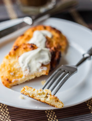 cheese pancakes with sour cream and coffee, breakfast